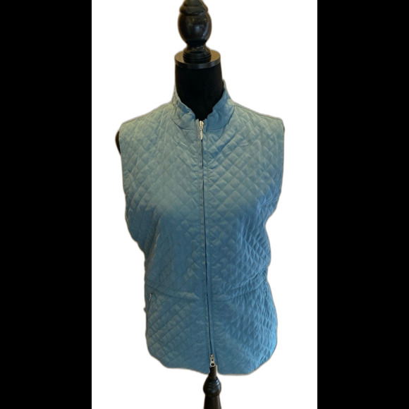 Talbots Vest Quilted Lined Size Medium Steel Blue Full Zipper Pockets Drawstring - Picture 1 of 12